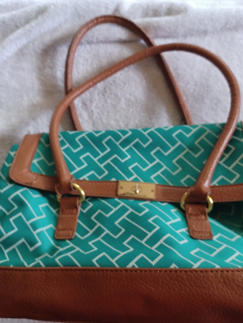 Tommy Hilfiger Green Patterned Purse with Brown Trim and Navy Interior